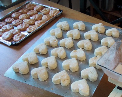 Finished scone tops; the real scones about to go into the oven